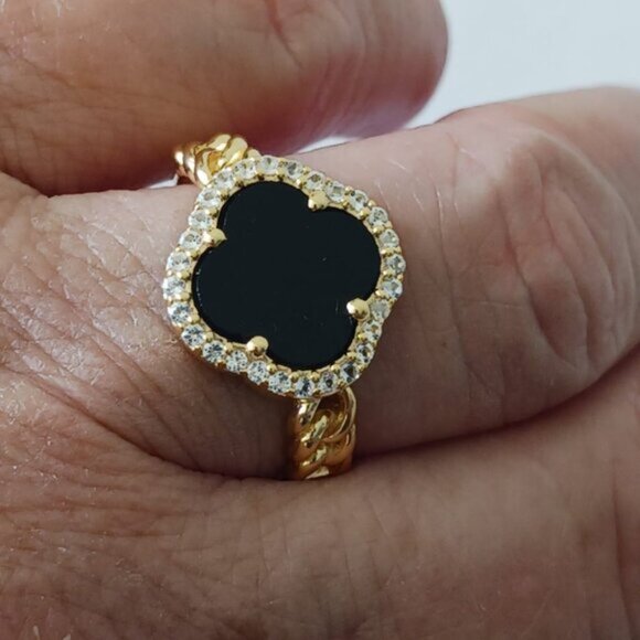 YS India 14k Gold Plated Sterling Siver 925 W CZ & Genuine Onyx Clover Ring Sz.8 - Picture 10 of 16